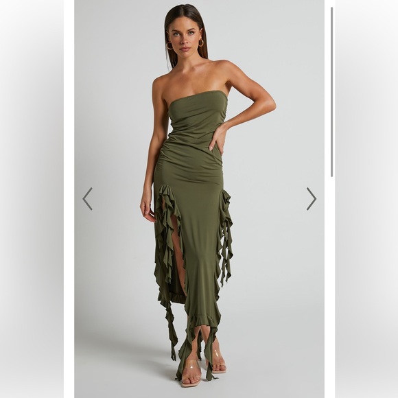 LIONESS - strapless ruffle DRESS IN OLIVE - Picture 3 of 4